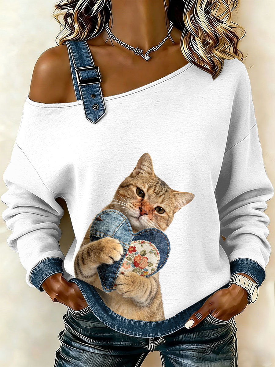 Damen Vintage Cat Patchwork Print lässig schulter freies Sweatshirt
