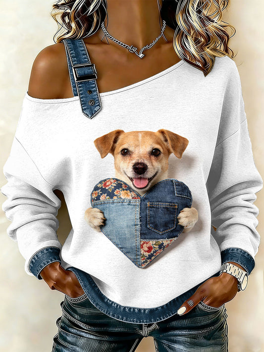Damen Vintage Hund Patchwork Print lässig schulter freies Sweatshirt