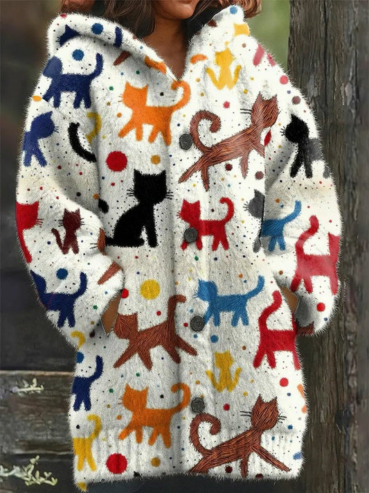 Damen Tier Katze Print Flanell Warme Jacke