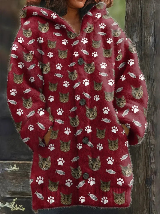 Damen Tier Katze Print Flanell Warme Jacke