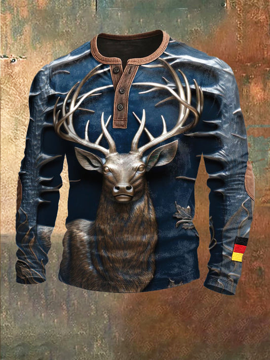 Herren Deutsche Mythologie Hirsch druck Deep Blue Patchwork Henley Hals Sweatshirt