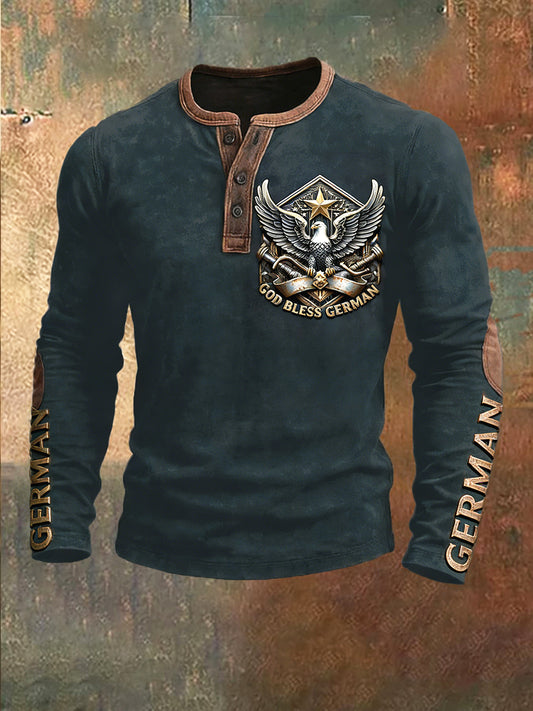 Herren-Sweatshirt aus tiefgrauem Patchwork-Sweatshirt mit deutschem Adler-Metall druck