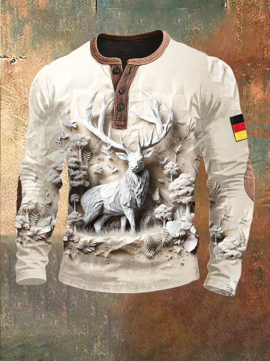 Herren-Sweatshirt mit deutschem Mythischem Hirsch 3D-Druck Patchwork-Henley-Ausschnitt