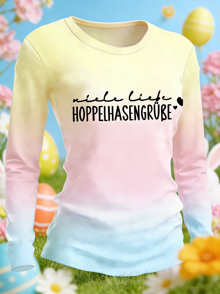 Damen Ostern bedruckt Rundhals-T-Shirt mit langen Ärmeln
