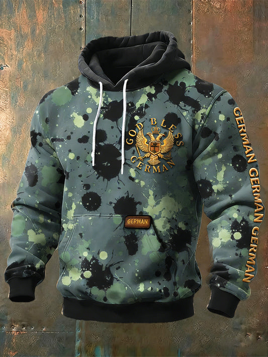 Herren-Kapuzenpullover mit deutschen Adler- und Camouflage-Print im Patchwork-Stil
