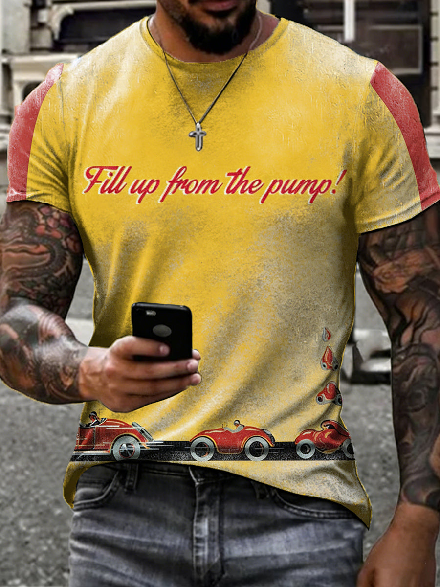 Herren-Retro-Motoröl-Posterdruck-T-Shirt mit kurzen Ärmeln