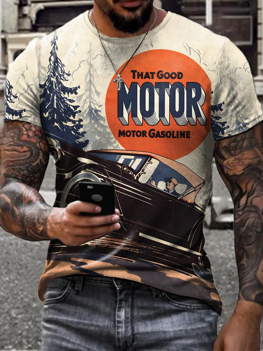 Herren Retro Motoröl Poster Print T-Shirt mit kurzen Ärmeln