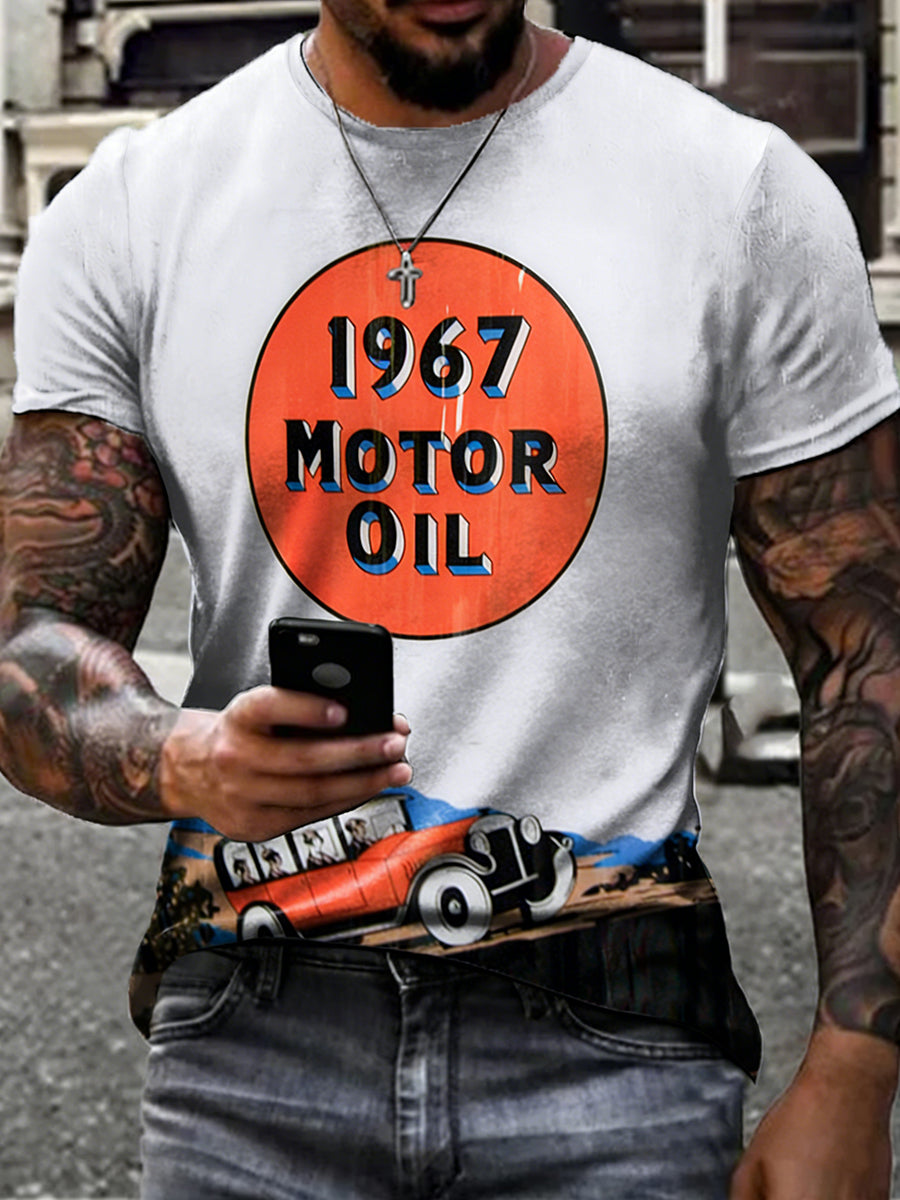 Herren-Retro-Motoröl-Posterdruck-T-Shirt mit kurzen Ärmeln