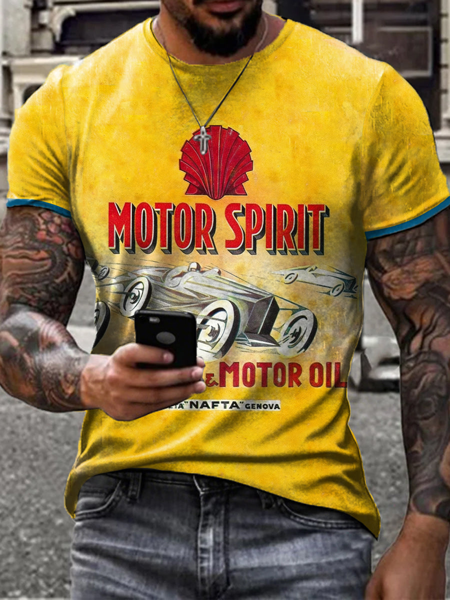 Herren-Retro-Motoröl-Posterdruck-T-Shirt mit kurzen Ärmeln