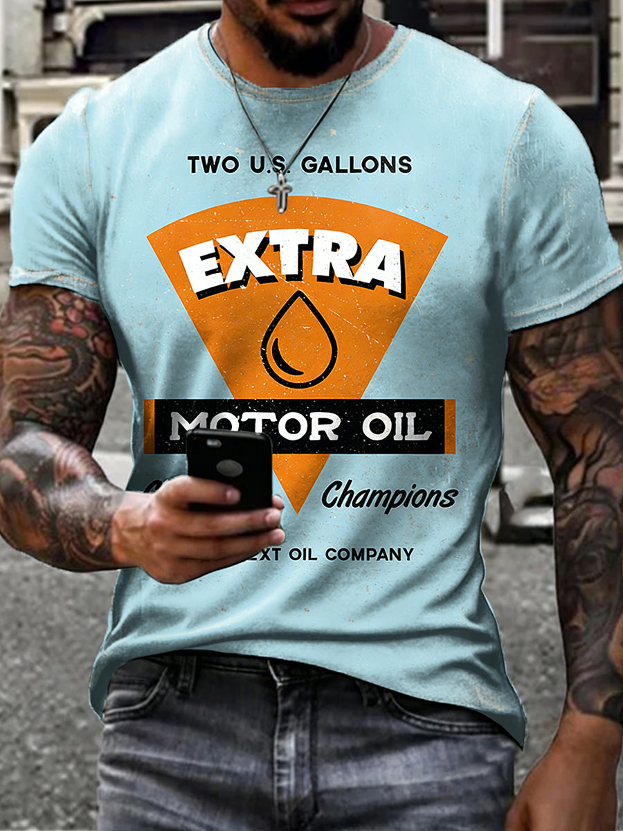 Herren Retro Motoröl Poster Print T-Shirt mit kurzen Ärmeln