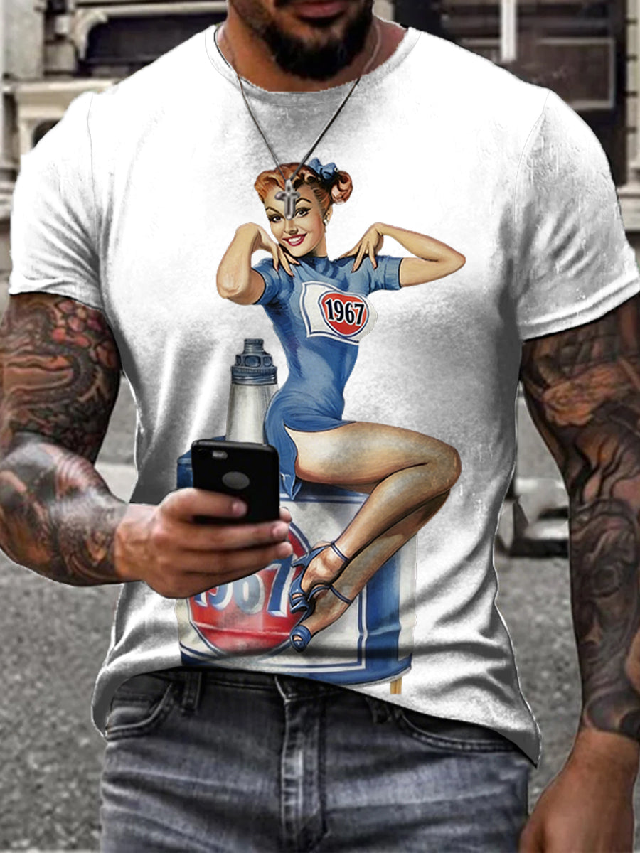Herren-Retro-Motoröl-Posterdruck-T-Shirt mit kurzen Ärmeln