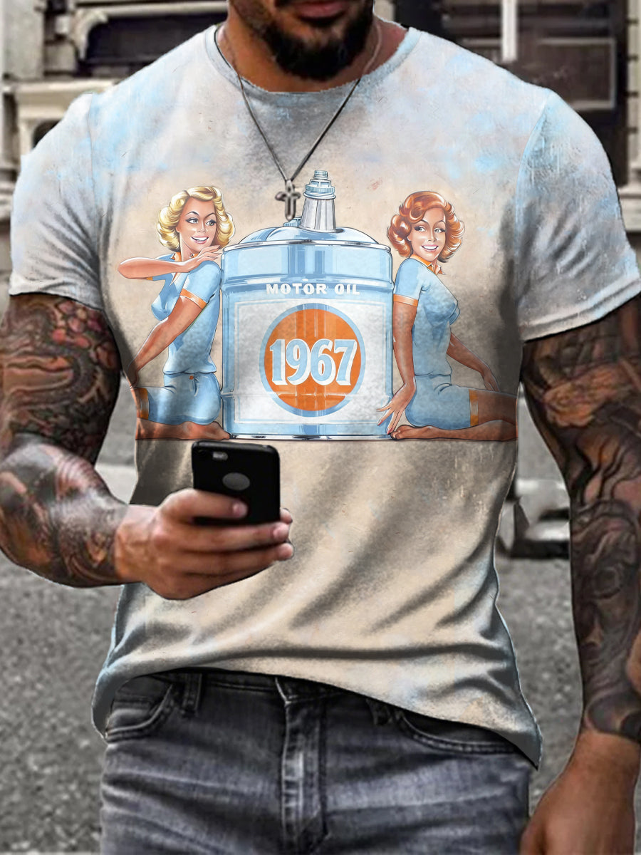 Herren Retro Motoröl Poster Print T-Shirt mit kurzen Ärmeln