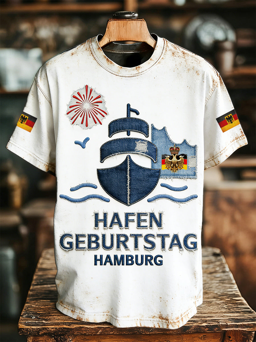 Herren-Vintage-Weißes Deutschland-Hafengeburtstag-Print-Casual-T-Shirt