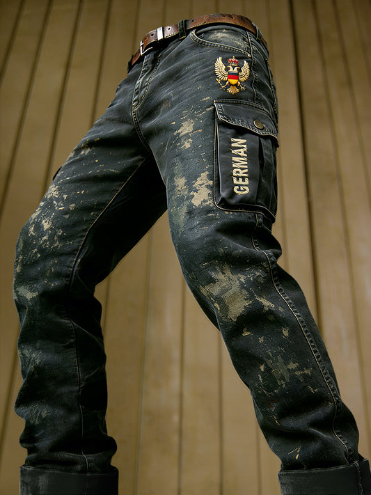 Herren-Hose mit deutscher Flagge, Vintage-Gewaschen-Optik, lässig, für die Arbeit