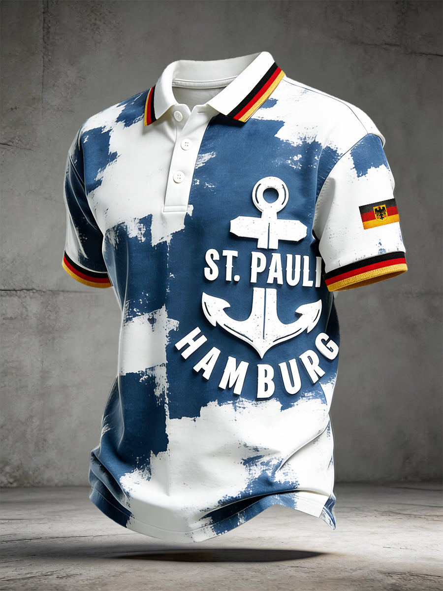 Herren-Deutschland-Hafengeburtstag-Vintage-Print-Casual-Polo-Shirt