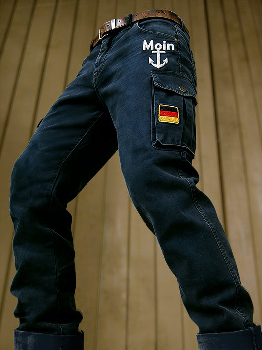 Herren dunkelblaue Freizeithose mit deutscher Flagge und „Moin“-Print, Arbeitskleidung