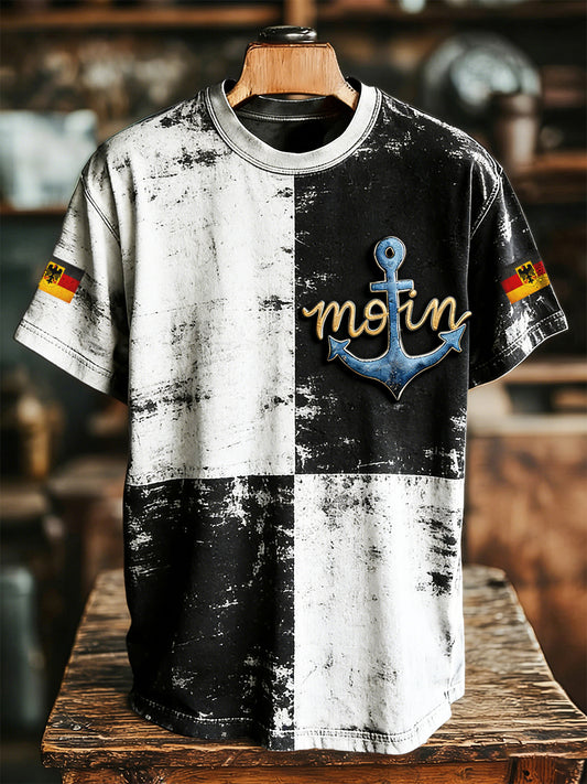 Herren Vintage Schwarz-Weiß Deutsches „Moin“-Print Lässiges Cool-T-Shirt