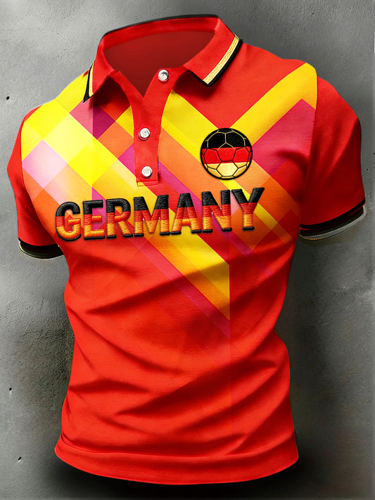 Herren-rotes, lässiges Poloshirt mit Fußball-Print aus Deutschland, kurze Ärmel