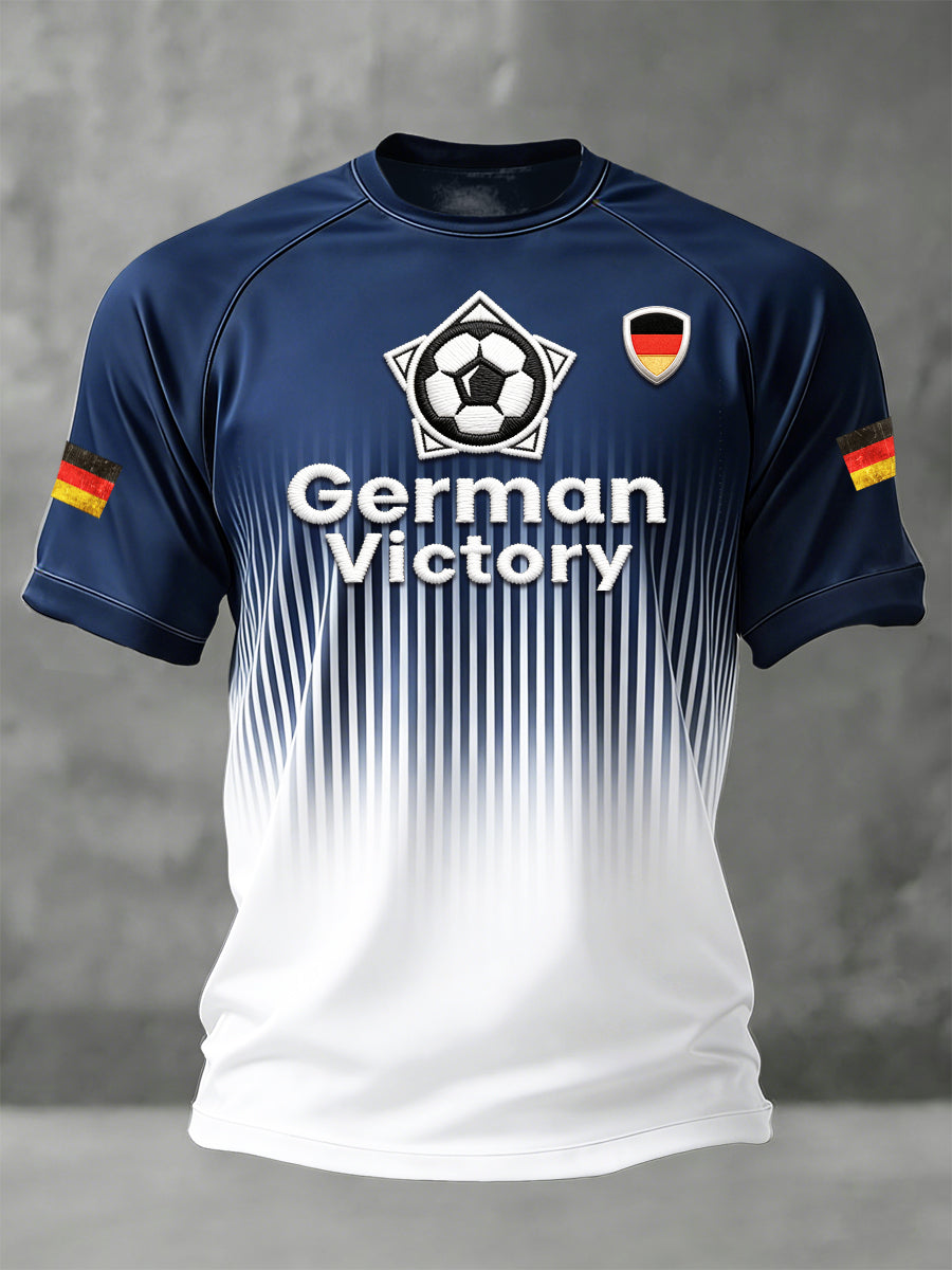 Herren-Blau-gestreiftes Verlaufsporträt-deutsches-Fußball-Casual-T-Shirt mit Drop-Shoulder-Ärmeln