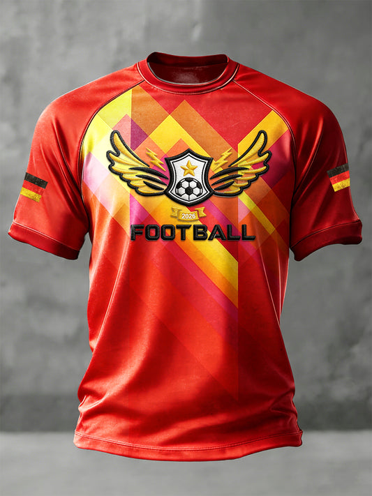 Herren-Rot-deutsches-Fußball-Print-Schulterabfall-Jersey-T-Shirt
