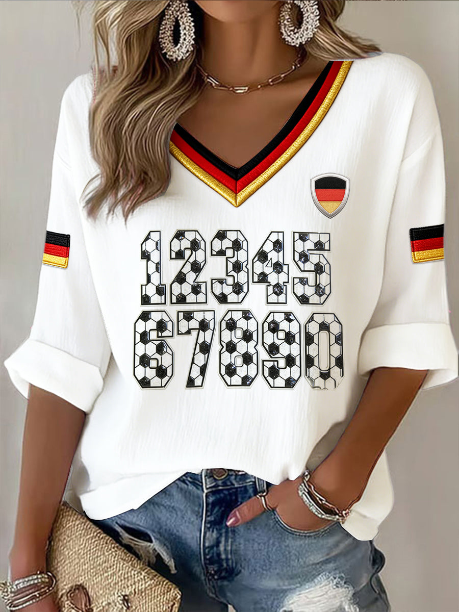 Damenweißes, lässiges V-Ausschnitt-T-Shirt mit deutschem Fußball-Print