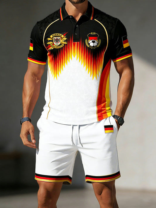 Herren-Set aus Freizeit-Poloshirt und Shorts mit Verlaufsdruck zur deutschen Flag-Football-Flagge