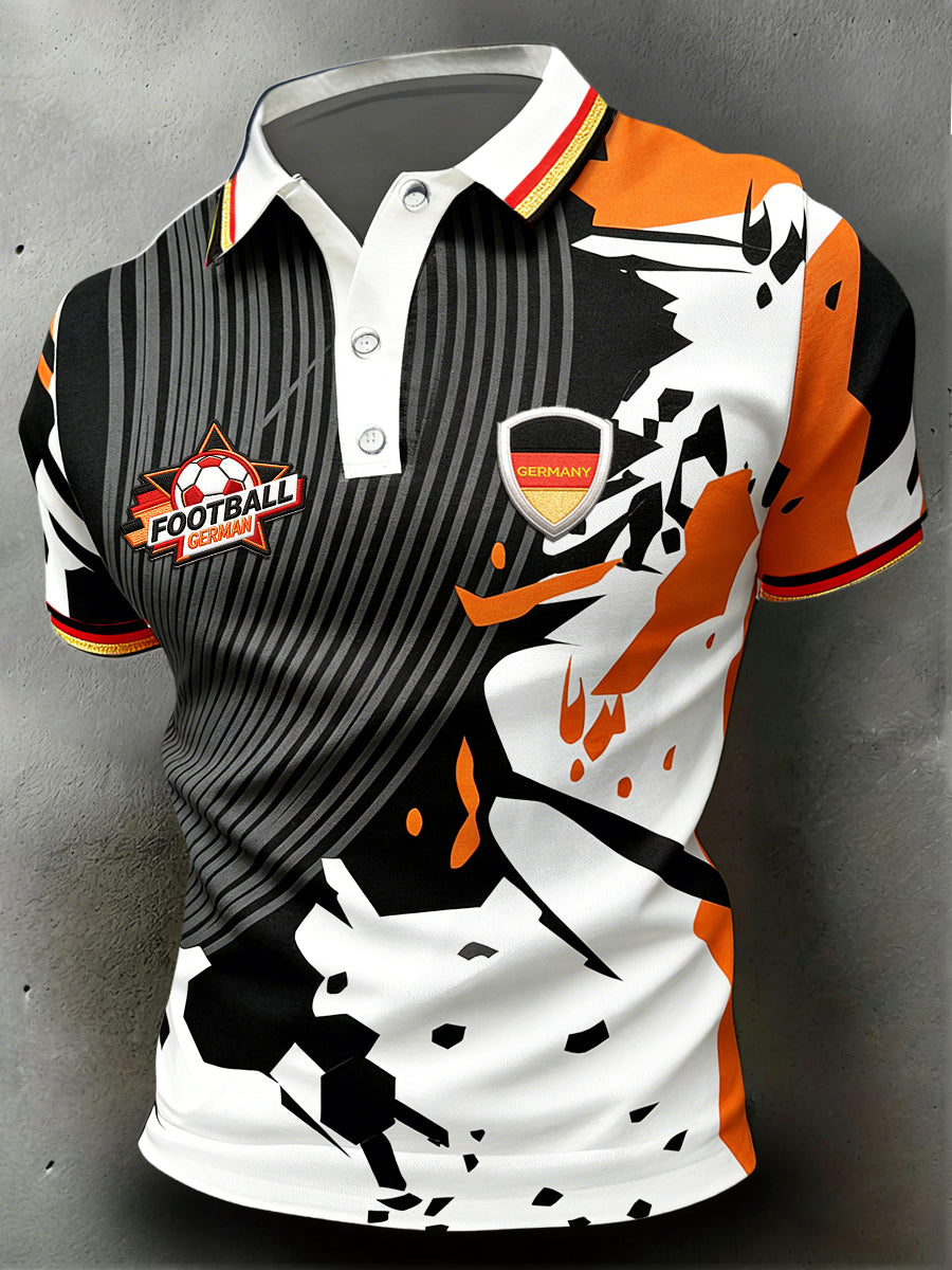 Herren-Poloshirt in Schwarz, lässig, mit Fußball-Print und deutscher Flagge