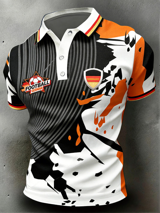 Herren-Poloshirt in Schwarz, lässig, mit Fußball-Print und deutscher Flagge