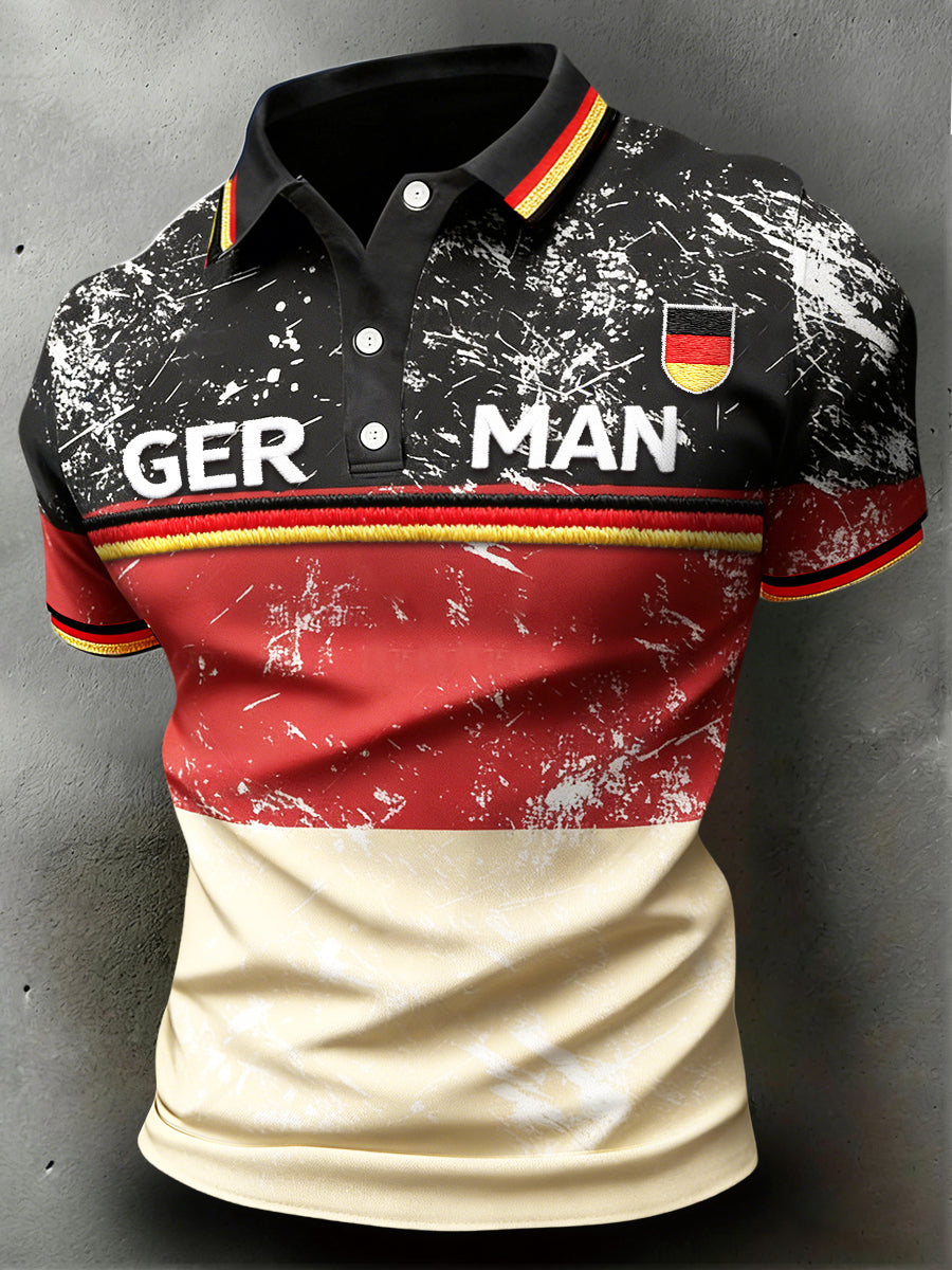 Herren-Poloshirt im Vintage-Stil mit deutscher Flaggen-Print-Optik, lässig
