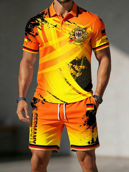 Herren-Set aus gestreiftem, orangefarbenem Freizeit-Poloshirt und Shorts mit Fußballmotiv