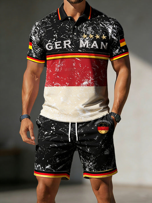 Herren-Set aus vintage deutscher Flagge Fußball-Print schwarzes Freizeit-Poloshirt und Shorts