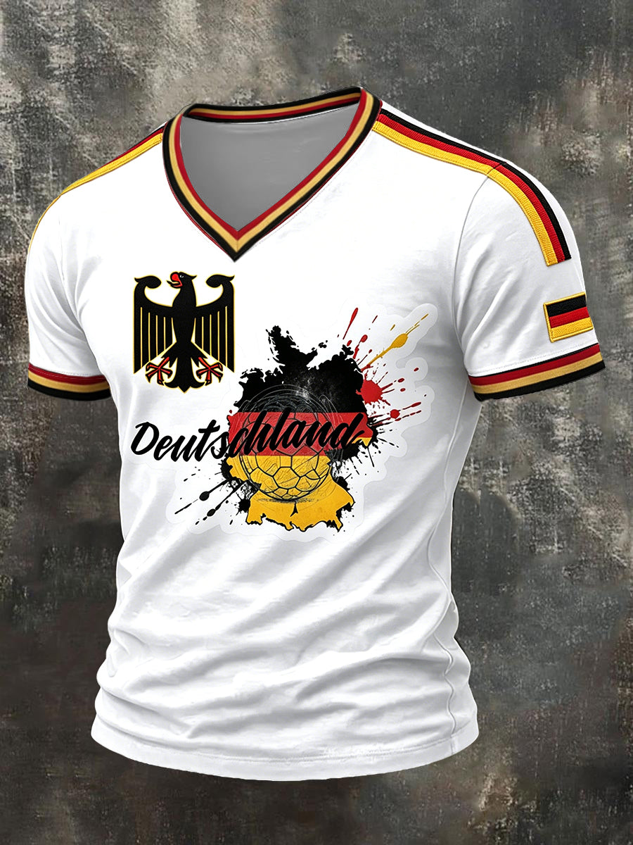 Herren Weiß Deutsch Fußball Print Lässiges T-Shirt mit V-Ausschnitt