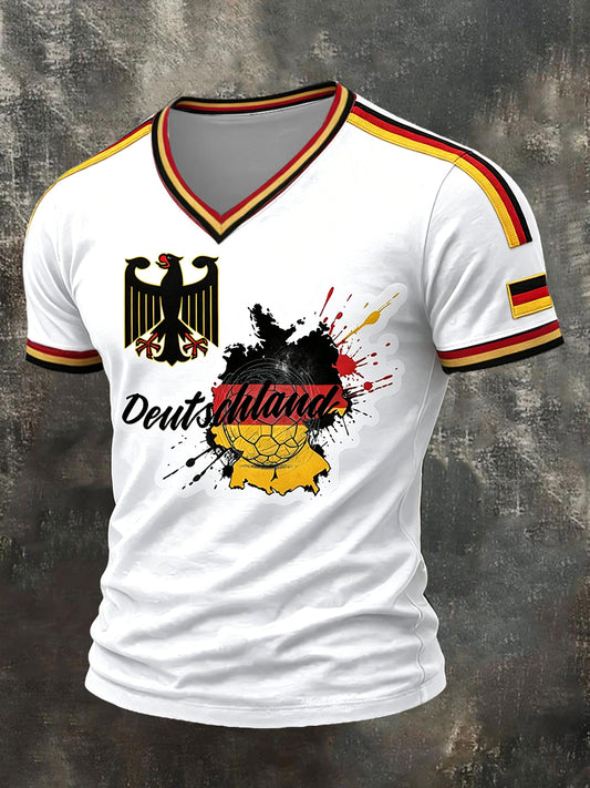 Herren Weiß Deutsch Fußball Print Lässiges T-Shirt mit V-Ausschnitt