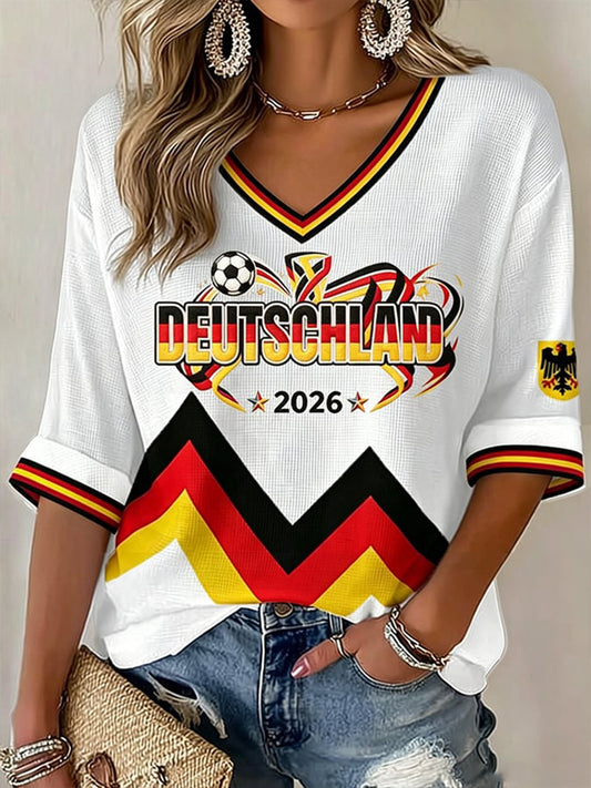 Damen-Deutschland-Fußballfan-Print-Waffel-T-Shirt