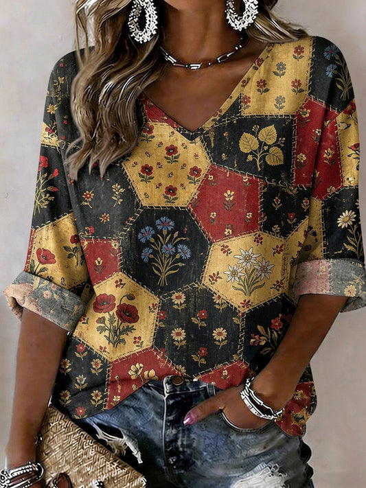 Damen-Top aus Leinen mit Blumenmuster
