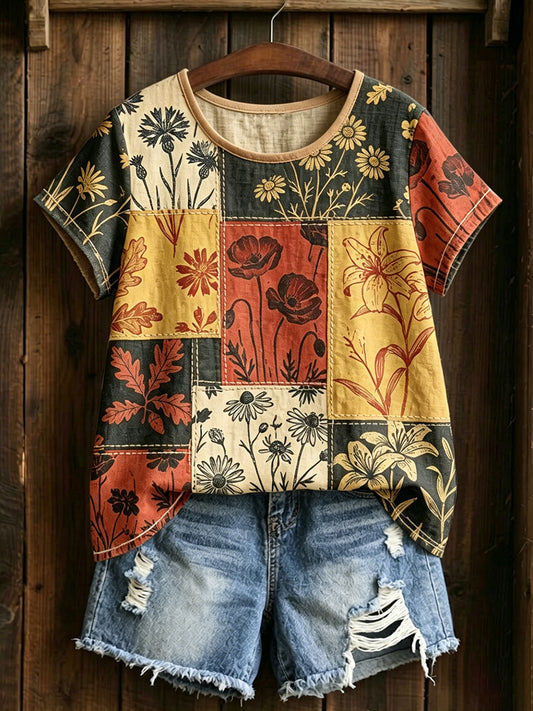 Damen-Floral-Leinen-T-Shirt mit kurzen Ärmeln