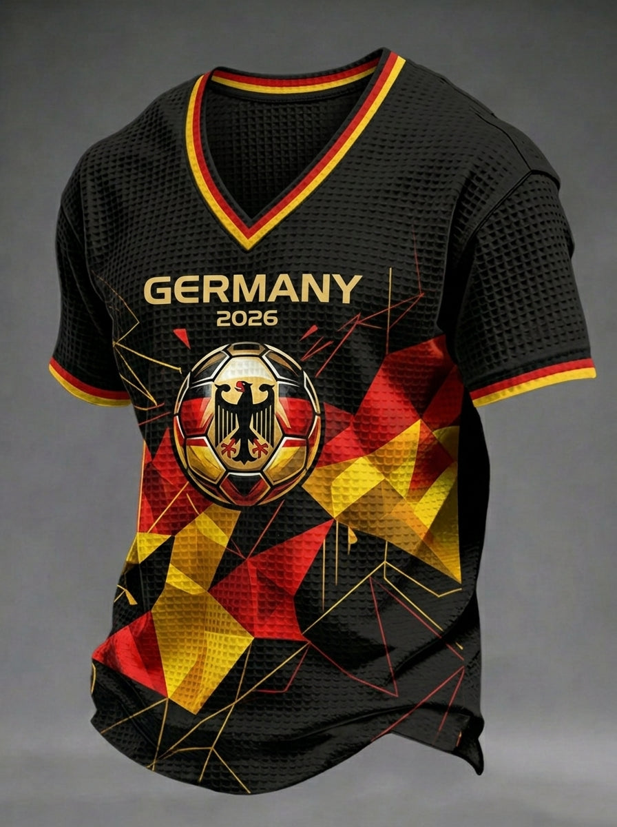 Herren Deutschland Fußballfan-Print Waffel-Struktur Freizeit-T-Shirt