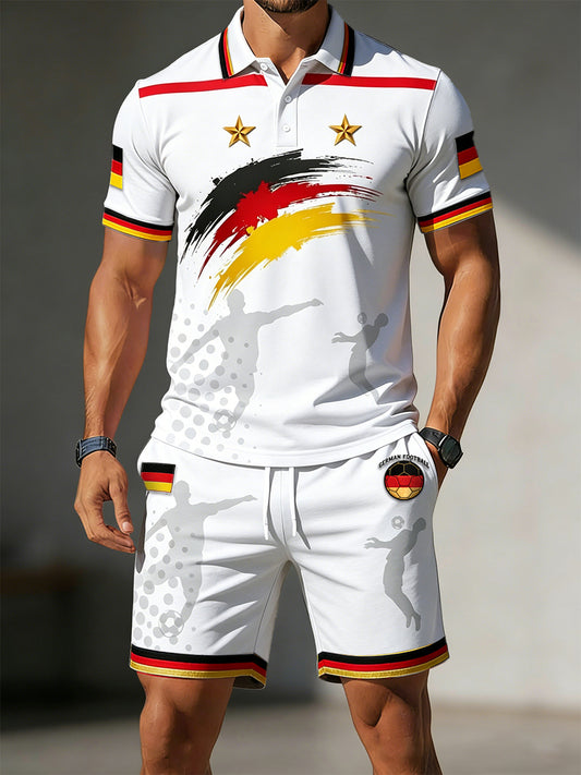 Herren-Set bestehend aus weißem Freizeit-Sport-Poloshirt und Shorts mit deutschem Fußball-Graffiti-Print