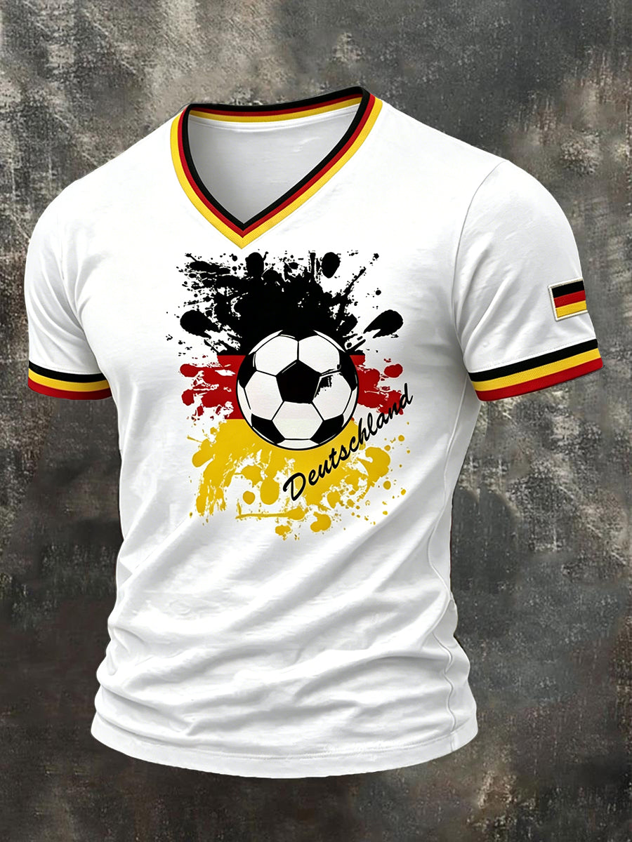 Herren-Weißes Freizeit-V-Neck-T-Shirt mit deutschem Fußball-Print