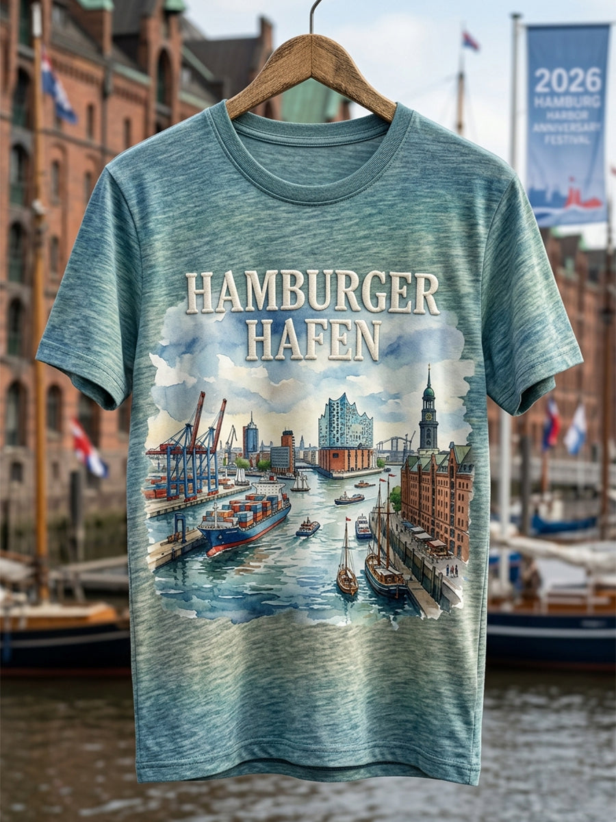 Herren-Hafengeburtstag-Print-T-Shirt mit kurzen Ärmeln