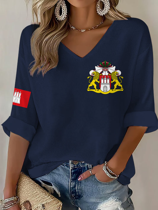 Damen-Hafengeburtstag-Print-Waffel-T-Shirt