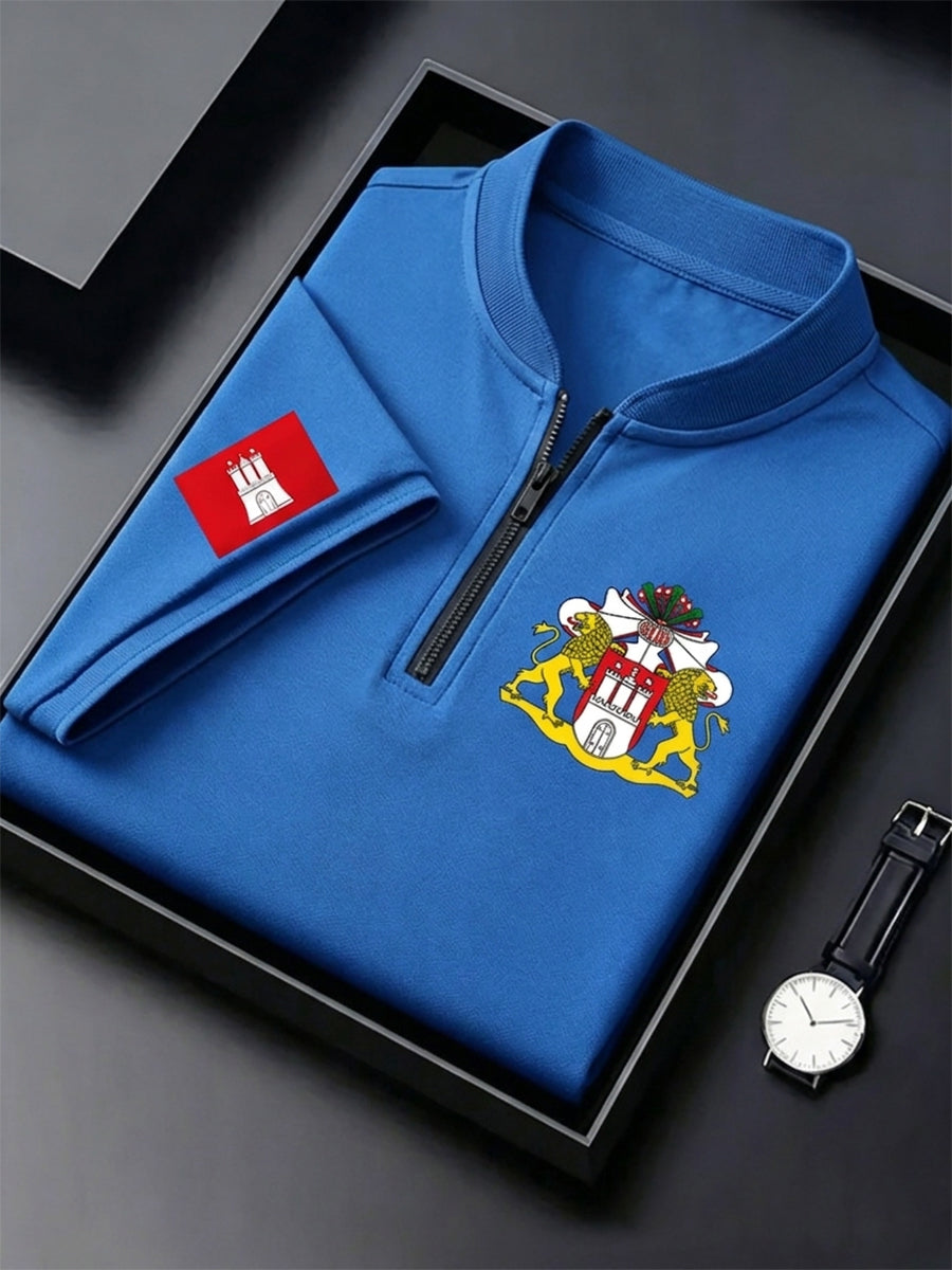 Herren-Hafengeburtstag-Print-T-Shirt mit Reißverschluss und kurzen Ärmeln