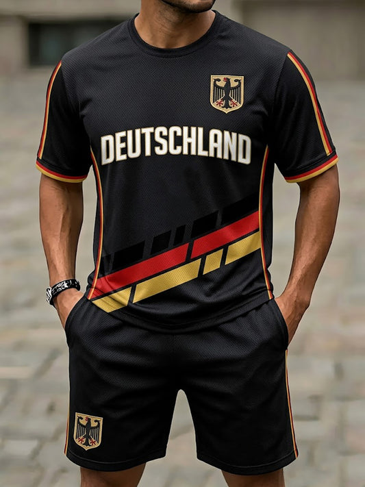 Herren-Set bestehend aus bedrucktem T-Shirt und Shorts für deutsche Fußballfans