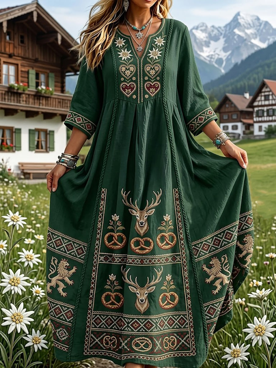 Damenkleid im bayerischen Stil mit floraler Kunstprint aus Leinen