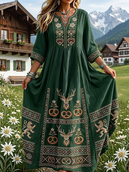 Damenkleid im bayerischen Stil mit floraler Kunstprint aus Leinen
