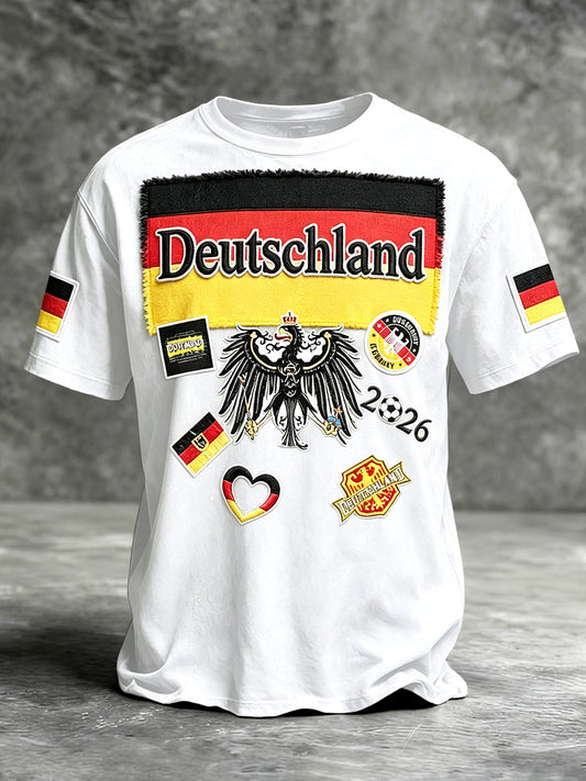 Herrenweißes Freizeit-T-Shirt mit Patchwork-Print zum Fußballturnier 2026 in Deutschland