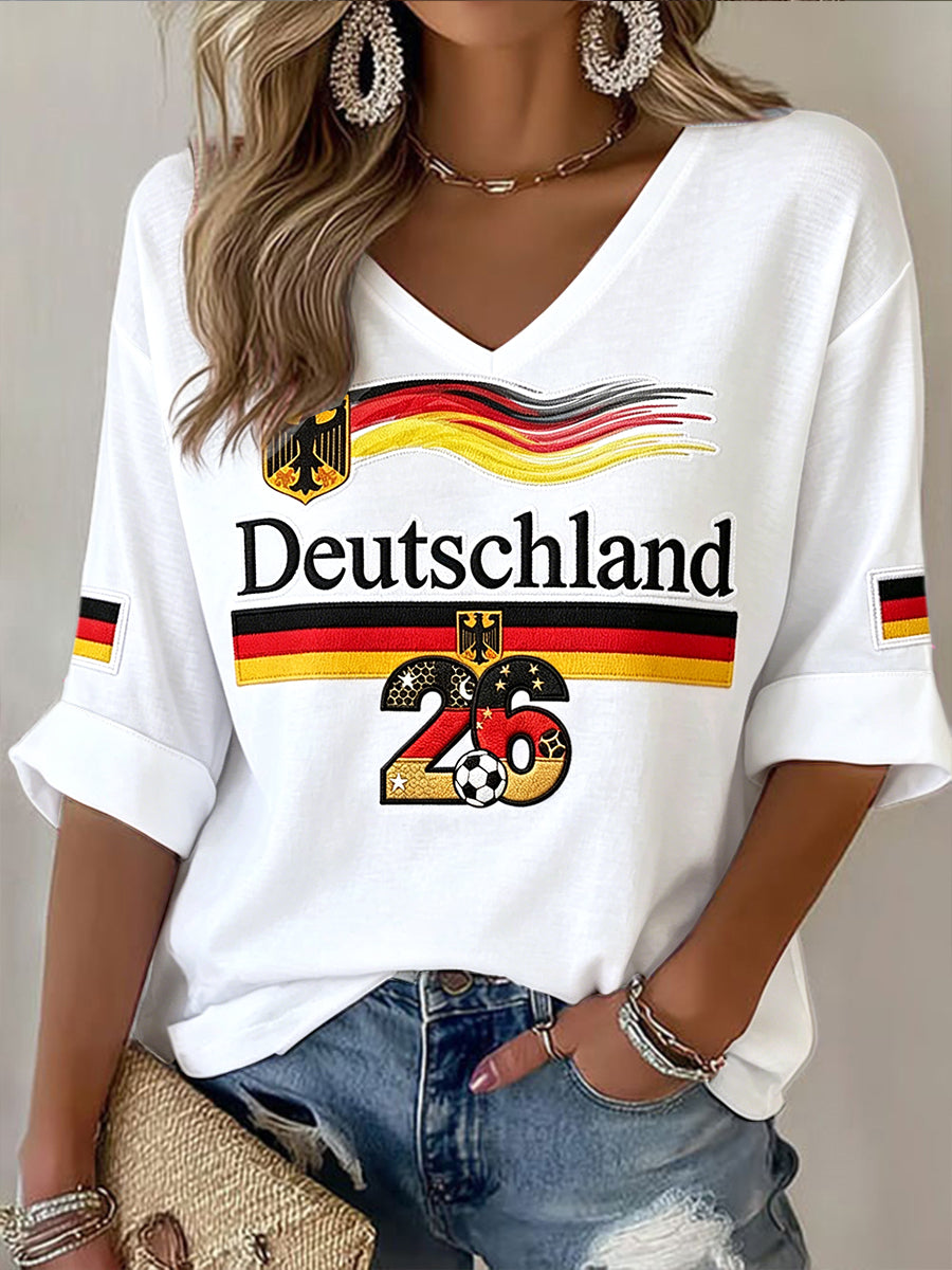 Damenweißes Freizeit-V-Neck-T-Shirt mit deutscher Flaggenfußball-Print 2026