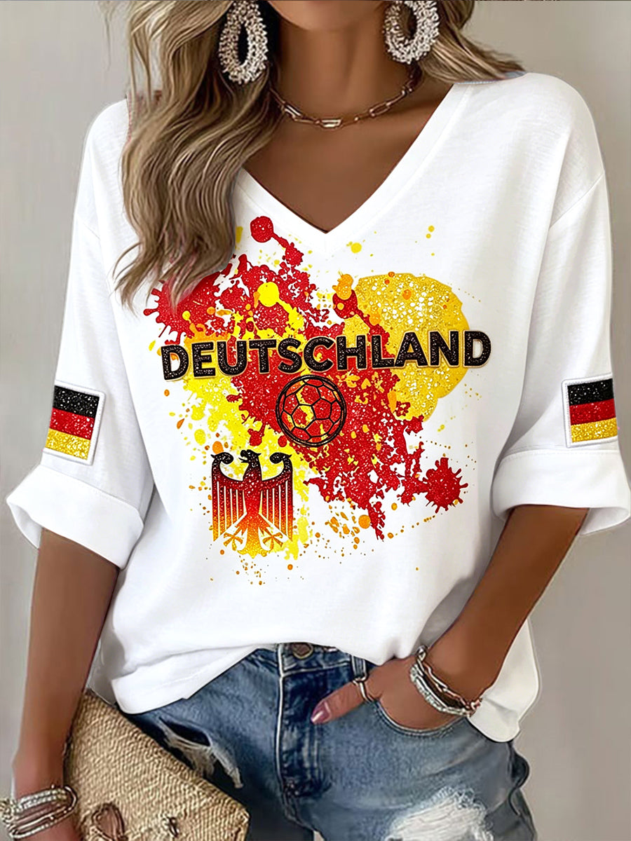 Damenweißes, lässiges T-Shirt mit deutschem Fußball-Graffiti-Print