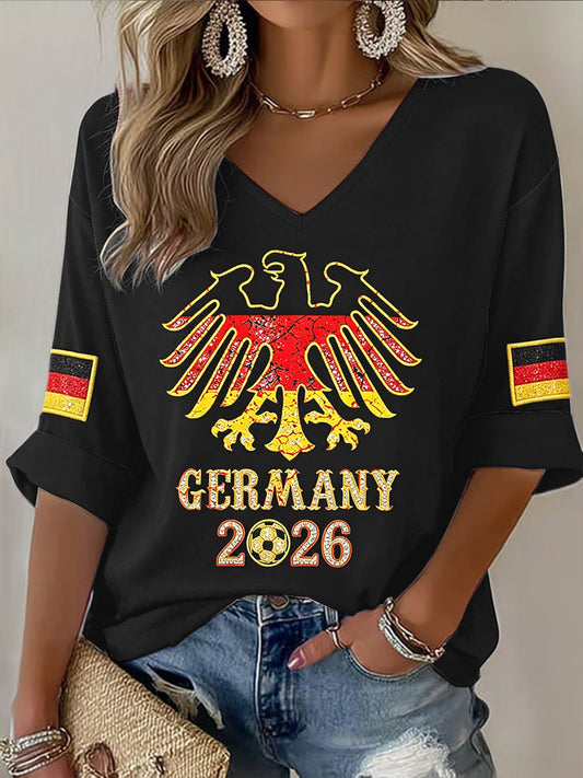 Damen-Deutschland-2026-Fußball-Print-Lässiges V-Ausschnitt-T-Shirt