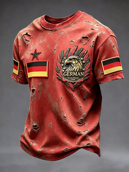 Herren Vintage rotes deutsches Fußball-Print verwaschenes Freizeit-T-Shirt